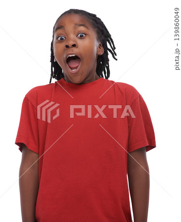 Child, surprise and portrait with shock from sale announcement with kid comedy in a studio. Young, deal and excited African male boy with casual fashion style with wow, happy and white background Child, surprise and portrait with shock from sale announcement with kid comedy in a studio. Young, deal and excited African male boy with casual fashion style with wow, happy and white background 139860049