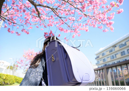 桜の下を歩くランドセル姿の小学生 139860066