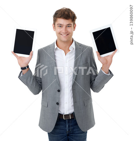 Portrait, smile and tablet with business man in studio isolated on white background for tech options. Choice, decision and compare with happy young employee showing screen or display for website 139860097