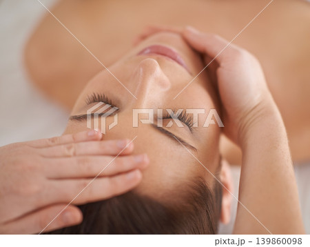 Hands, face and massage woman at spa to relax, wellness and calm at luxury resort for acupressure therapy with masseuse. Closeup, head and person at salon for facial treatment, skincare and beauty 139860098