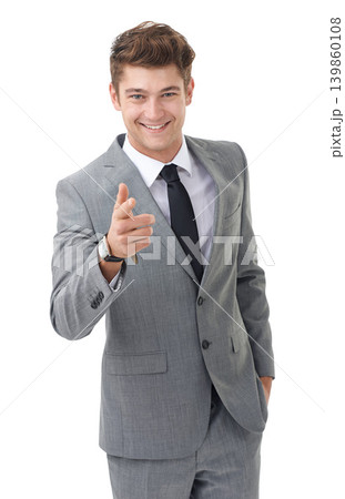 Portrait, smile and pointing at you with businessman in studio isolated on white background for interview or opportunity. Vote, decision and confident employee in suit for human resources recruitment Portrait, smile and pointing at you with businessman in studio isolated on white background for interview or opportunity. Vote, decision and confident employee in suit for human resources recruitment 139860108