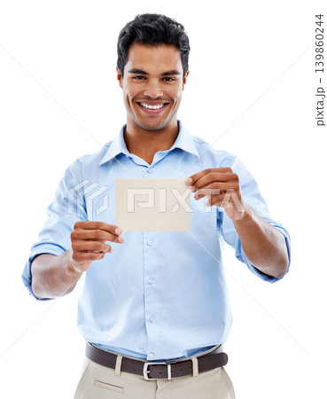 Mockup, portrait and happy man with business card in studio for startup, promotion or marketing on white background. Paper, recruitment and recruiter with space for we are hiring, contact us or info 139860244