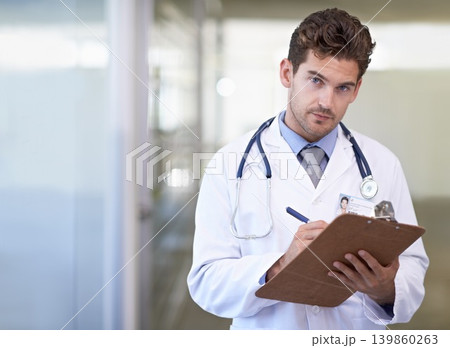 Portrait, clipboard and doctor in hospital for medical research information for diagnosis or treatment. Checklist, professional and male healthcare worker with documents or notes in medicare clinic. Portrait, clipboard and doctor in hospital for medical research information for diagnosis or treatment. Checklist, professional and male healthcare worker with documents or notes in medicare clinic. 139860263