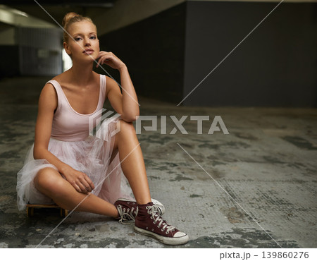 Ballet, city and portrait of woman with skateboard and sneakers for edgy fashion, trendy outfit and hipster style. Parking lot, aesthetic and ballerina on floor for dance hobby, sports and skating Ballet, city and portrait of woman with skateboard and sneakers for edgy fashion, trendy outfit and hipster style. Parking lot, aesthetic and ballerina on floor for dance hobby, sports and skating 139860276