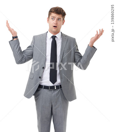 Studio, portrait and businessman for confused or question and company decision by white background. Entrepreneur, doubt or face for choice in start up, frustrated or problem solving in small business Studio, portrait and businessman for confused or question and company decision by white background. Entrepreneur, doubt or face for choice in start up, frustrated or problem solving in small business 139860295