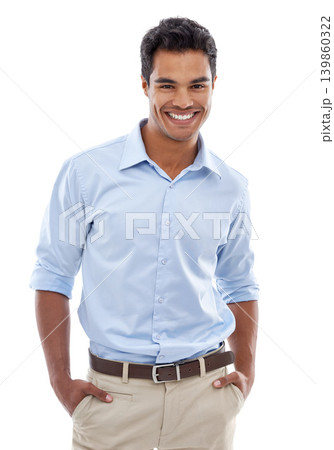 Portrait, smile and business man in studio with professional, confidence and career on a white background. Friendly Mexican worker, accountant or employee in a shirt for fashion, clothes and style Portrait, smile and business man in studio with professional, confidence and career on a white background. Friendly Mexican worker, accountant or employee in a shirt for fashion, clothes and style 139860322