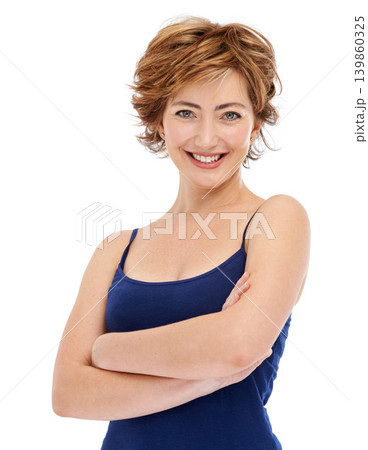 Happy woman, portrait and confidence with beauty makeup, cosmetics or haircare on a white studio background. Face of confident or young female person or model with smile and arms crossed for style 139860325