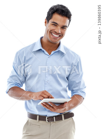 Business, man and tablet in studio for online planning, research and trading on a white background. Happy portrait of professional worker, trader or Mexican person with digital technology or software Business, man and tablet in studio for online planning, research and trading on a white background. Happy portrait of professional worker, trader or Mexican person with digital technology or software 139860395