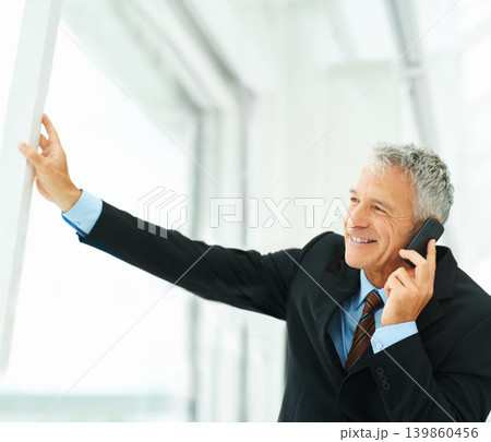 Phone call, smile and thinking with mature businessman in office for communication or networking. Future, planning and vision with happy professional manager in corporate workplace for conversation 139860456
