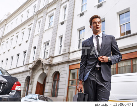 Business, walking and man in city, street and buildings with urban town and professional with confidence. Person, employee or entrepreneur in the road, briefcase and New York with lawyer or corporate Business, walking and man in city, street and buildings with urban town and professional with confidence. Person, employee or entrepreneur in the road, briefcase and New York with lawyer or corporate 139860471