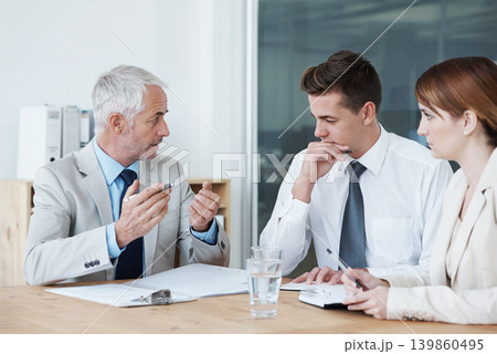 Contract, negotiation and people in meeting with discussion of policy, advice and consulting with mature lawyer. Legal, advisor and conversation about lawsuit paperwork, document and notes on law 139860495