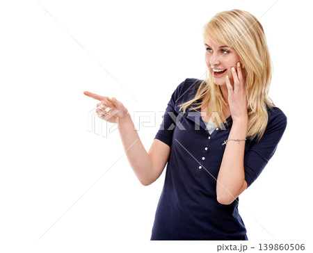 Woman, pointing at mockup space and advertising, information or news with communication platform in studio. Marketing, announcement or about us with presentation for promo and ads on white background Woman, pointing at mockup space and advertising, information or news with communication platform in studio. Marketing, announcement or about us with presentation for promo and ads on white background 139860506