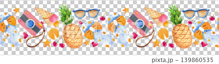 Border with ice cream, pineapple and beach holiday items. Watercolor horizontal pattern with hand drawn tropical fruits. Bright illustration for printing, postcards, packaging Border with ice cream, pineapple and beach holiday items. Watercolor horizontal pattern with hand drawn tropical fruits. Bright illustration for printing, postcards, packaging 139860535