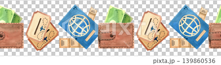 Watercolor border with tickets, a passport, and a wallet. Horizontal hand drawn pattern with tourism and recreation items. Bright illustration for printing, postcards, packaging 139860536