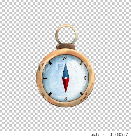 Compass, isolated watercolor illustration. Vibrant navigational item for tourism and recreation, hand-drawn in blue and brown. Marine equipment for printing, postcards, and packaging. Compass, isolated watercolor illustration. Vibrant navigational item for tourism and recreation, hand-drawn in blue and brown. Marine equipment for printing, postcards, and packaging. 139860537