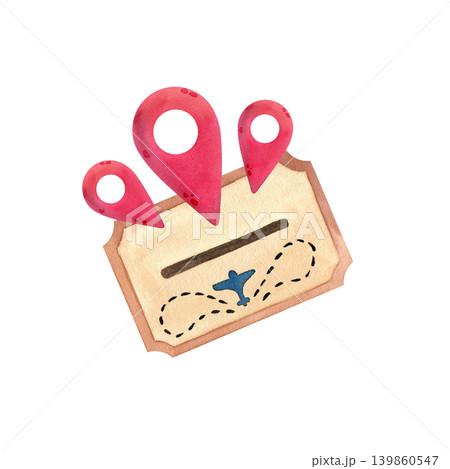 Watercolor illustration of a ticket with a map marker, isolated. Hand-drawn brown colored ticket with a map marker for travel planning and travel services. Watercolor illustration of a ticket with a map marker, isolated. Hand-drawn brown colored ticket with a map marker for travel planning and travel services. 139860547