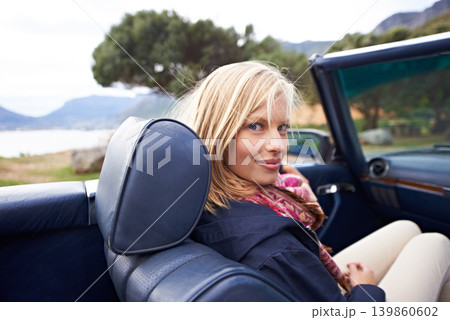 Woman, portrait and convertible or road trip outdoor on vacation or travel destination, adventure or holiday. Female person, face and transportation in London countryside or journey, drive or tourist Woman, portrait and convertible or road trip outdoor on vacation or travel destination, adventure or holiday. Female person, face and transportation in London countryside or journey, drive or tourist 139860602