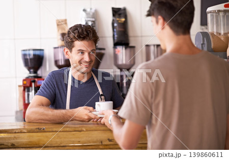 Man, barista and cup in coffee shop, serving customer and working in restaurant or small business. Male person, entrepreneur and caffeine expertise in bistro, confidence and friendly in hospitality Man, barista and cup in coffee shop, serving customer and working in restaurant or small business. Male person, entrepreneur and caffeine expertise in bistro, confidence and friendly in hospitality 139860611