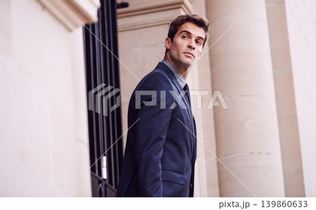 Thinking, business and man in city, buildings and decision with confidence and entrepreneur. Person, outdoor and New York with professional or urban town with travel, journey or financial consultant Thinking, business and man in city, buildings and decision with confidence and entrepreneur. Person, outdoor and New York with professional or urban town with travel, journey or financial consultant 139860633