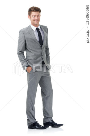 Happy, white background and business man with confidence, pride and corporate style for work. Professional, fashion and full body of isolated person smile for career, job and opportunity in studio Happy, white background and business man with confidence, pride and corporate style for work. Professional, fashion and full body of isolated person smile for career, job and opportunity in studio 139860669