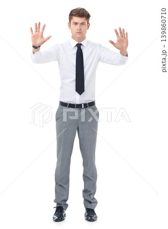 Portrait, business and man with hands up, stop and employee isolated on white studio background. Person, mockup space and professional with hand gesture and warning with rejection, deny ir consultant Portrait, business and man with hands up, stop and employee isolated on white studio background. Person, mockup space and professional with hand gesture and warning with rejection, deny ir consultant 139860710