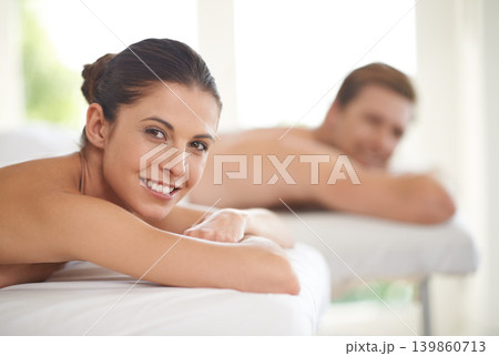 Happy, portrait and couple on table in spa to relax with luxury treatment for wellness on holiday or vacation. Beauty, care and people together in hotel or resort for healthy facial or skincare Happy, portrait and couple on table in spa to relax with luxury treatment for wellness on holiday or vacation. Beauty, care and people together in hotel or resort for healthy facial or skincare 139860713