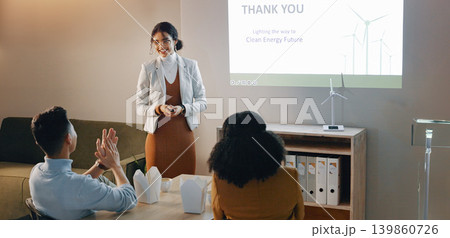 Applause, woman and presentation with workshop, eco friendly and research with corporate training, conference and review. Person, presenter and group with sustainability, feedback and energy seminar Applause, woman and presentation with workshop, eco friendly and research with corporate training, conference and review. Person, presenter and group with sustainability, feedback and energy seminar 139860726