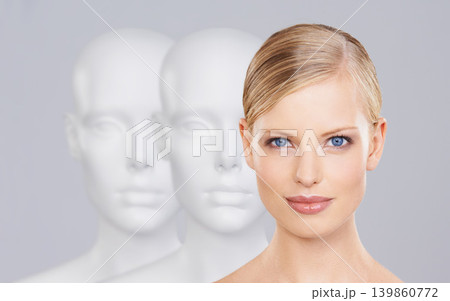 Woman, mannequins and face for identity, beauty and individuality on studio background. Person, skincare and dummy with portrait for creativity and cosmetics or unique ideas for satisfaction and skin Woman, mannequins and face for identity, beauty and individuality on studio background. Person, skincare and dummy with portrait for creativity and cosmetics or unique ideas for satisfaction and skin 139860772