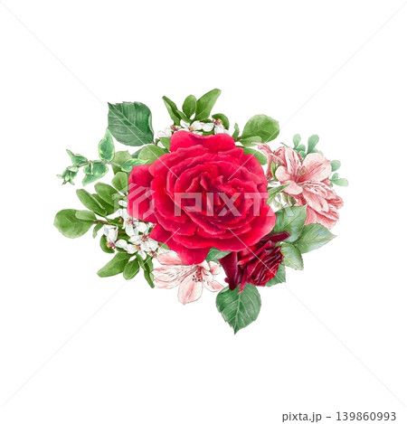 Watercolor illustration of a bouquet of delicate roses and other flowers, hand-drawn. 139860993