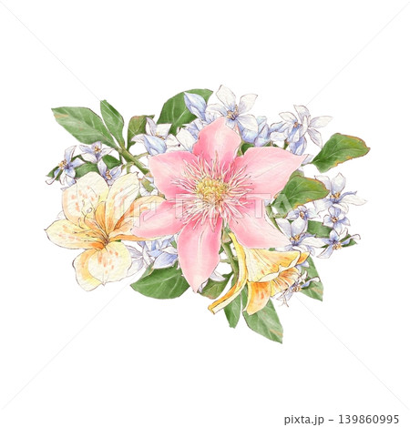 Watercolor illustration of a bouquet of delicate daisy and other flowers, hand-drawn. 139860995