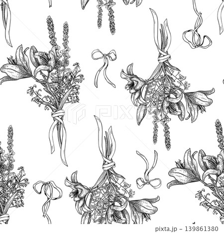 Lilium and meadow flower with coquette bow vector repeat pattern. Seamless botanical print with hand drawn lily bouquet tied by bow. Engraved floral background for textile, wallpaper or gift wrapping. Lilium and meadow flower with coquette bow vector repeat pattern. Seamless botanical print with hand drawn lily bouquet tied by bow. Engraved floral background for textile, wallpaper or gift wrapping. 139861380