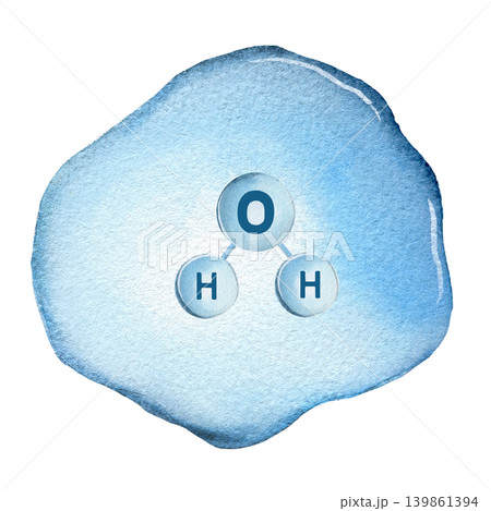 Blue water drop with chemical formula of water. Watercolor illustration. Watercolor painting for banners, postcards, websites, design, cards Blue water drop with chemical formula of water. Watercolor illustration. Watercolor painting for banners, postcards, websites, design, cards 139861394