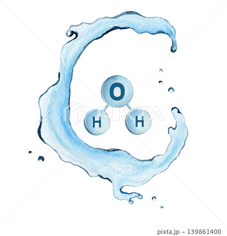 Stream and splash of water with chemical formula of water isolated on white background. Watercolor illustration. Save the ocean. planet, ecology 139861400