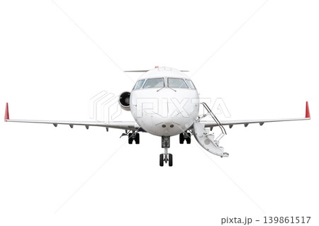 Front view of the regional jet with an opened gangway isolated on white background Front view of the regional jet with an opened gangway isolated on white background 139861517