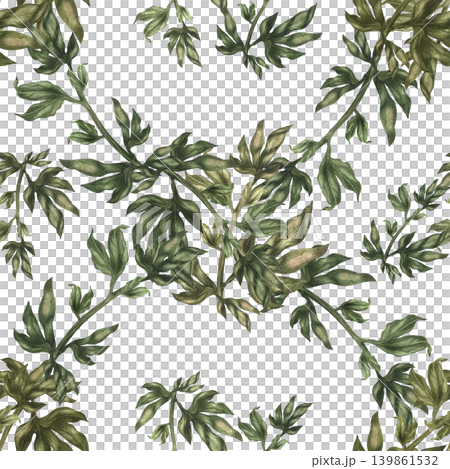 Watercolor leafy seamless pattern with soft overlapping branches creating a natural textured background. Gentle tones and organic flow. Ideal for fabric, wrapping paper, wallpaper, decorative surfaces Watercolor leafy seamless pattern with soft overlapping branches creating a natural textured background. Gentle tones and organic flow. Ideal for fabric, wrapping paper, wallpaper, decorative surfaces 139861532
