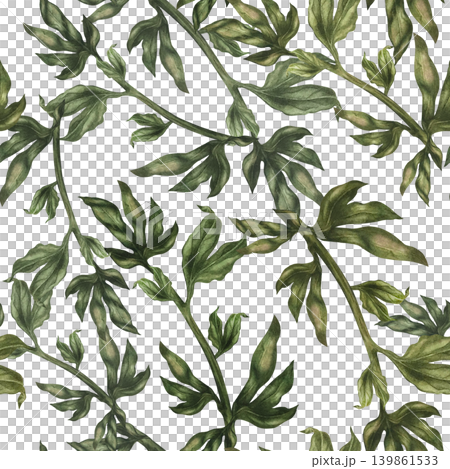 Dynamic watercolor botanical seamless pattern with diagonally arranged flowing leafy branches. Natural movement and soft green tones create an elegant organic rhythm for textiles, wallpaper, packaging 139861533
