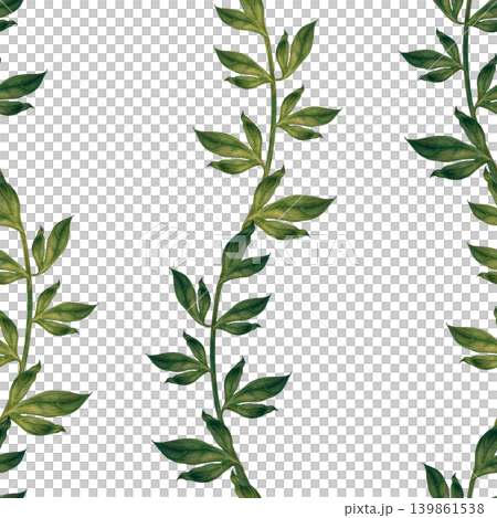 Structured watercolor floral seamless pattern with vertical leafy branches forming a gentle striped rhythm. Elegant soft natural texture and calm botanical style. Ideal for fabric and surface design 139861538
