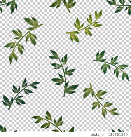 Light floral ditsy seamless pattern with tiny green leafy elements scattered evenly. Elegant watercolor airy composition and soft natural tones. Perfect for textiles, wrapping, scrapbook, stationery 139861539