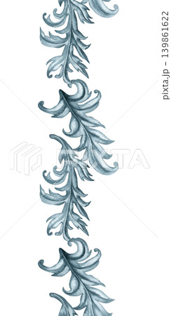 Vertical seamless watercolor baroque border with elegant ornamental flourishes in Wedgwood gray palette. Decorative floral vintage repeat for stationery, certificates, packaging and luxury layouts Vertical seamless watercolor baroque border with elegant ornamental flourishes in Wedgwood gray palette. Decorative floral vintage repeat for stationery, certificates, packaging and luxury layouts 139861622