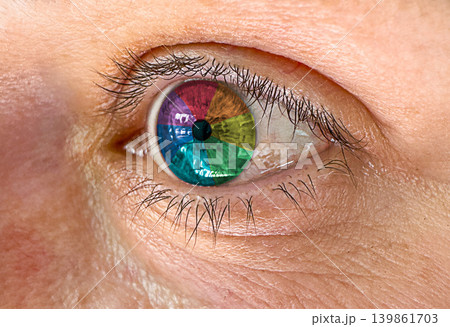 Macro closeup of human eye with multicolor contact lens during ophthalmology vision diagnostics. Detailed iris texture for optometry eyesight testing eye care and medical examination. 139861703