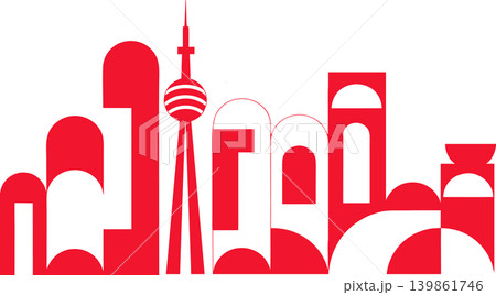 A stylized red and white city skyline with a prominent tower, showcasing modern graphic design. A stylized red and white city skyline with a prominent tower, showcasing modern graphic design. 139861746