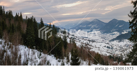 Evening winter snow-covered mountain ridge, Ukraine, Carpathians. Evening winter snow-covered mountain ridge, Ukraine, Carpathians. 139861973
