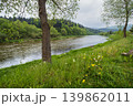 Spring picturesque river band view. Mountains scenery view behind (Stryi river near Skhidnytsya village, Ukraine.) 139862011