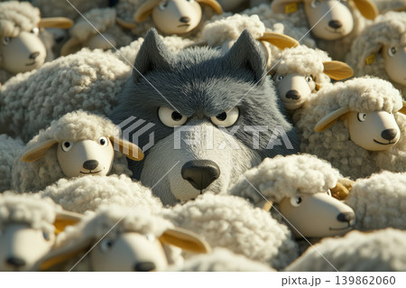 A felt wolf mingled with a flock of sheep. Odd one out. Wolf among sheep. 139862060