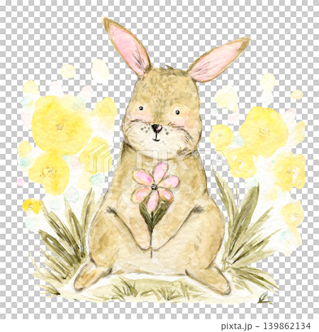 Cute lovely spring watercolor painting brown baby rabbit with pink flower in meadow grass. Watercolour little hare illustration for Easter greeting cards, baby shower poster, sticker Cute lovely spring watercolor painting brown baby rabbit with pink flower in meadow grass. Watercolour little hare illustration for Easter greeting cards, baby shower poster, sticker 139862134