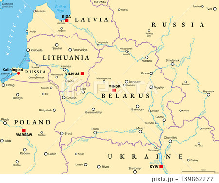 Belarus and vicinity, political map. Country in Eastern Europe, with capital Minsk, bordered by Russia, Ukraine, Poland, Lithuania, and Latvia. With Suwalki Gap, shortest path to Kaliningrad. Vector Belarus and vicinity, political map. Country in Eastern Europe, with capital Minsk, bordered by Russia, Ukraine, Poland, Lithuania, and Latvia. With Suwalki Gap, shortest path to Kaliningrad. Vector 139862277