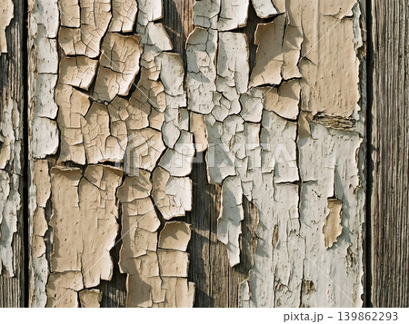 Close-Up of Old Peeling Paint on a Weathered Wooden Surface - Aesthetic Detail. Close-Up of Old Peeling Paint on a Weathered Wooden Surface - Aesthetic Detail. 139862293