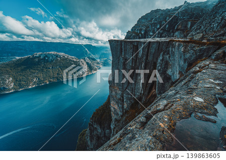 Lysefjord and Preikestolen cliff summer view in Norway with no people 139863605