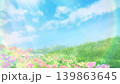青空の下の鮮やかな花畑、草原の風景の背景 139863645