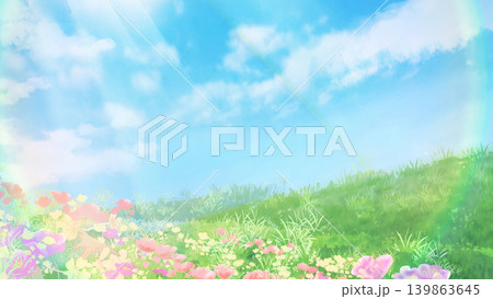 青空の下の鮮やかな花畑、草原の風景の背景 青空の下の鮮やかな花畑、草原の風景の背景 139863645